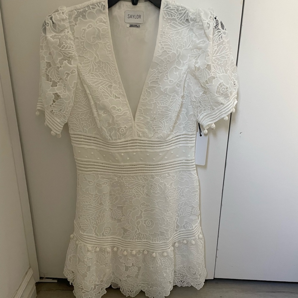 Saylor White Lace Deep V Dress